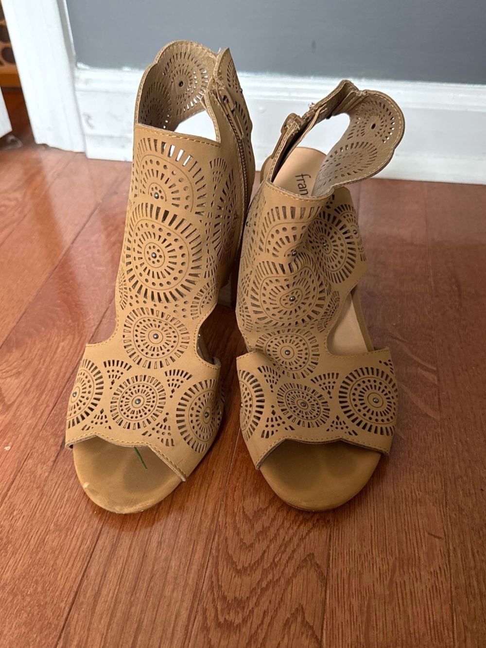 Francesca's Collections Tan Laser-Cut Peep-Toe Block Heels